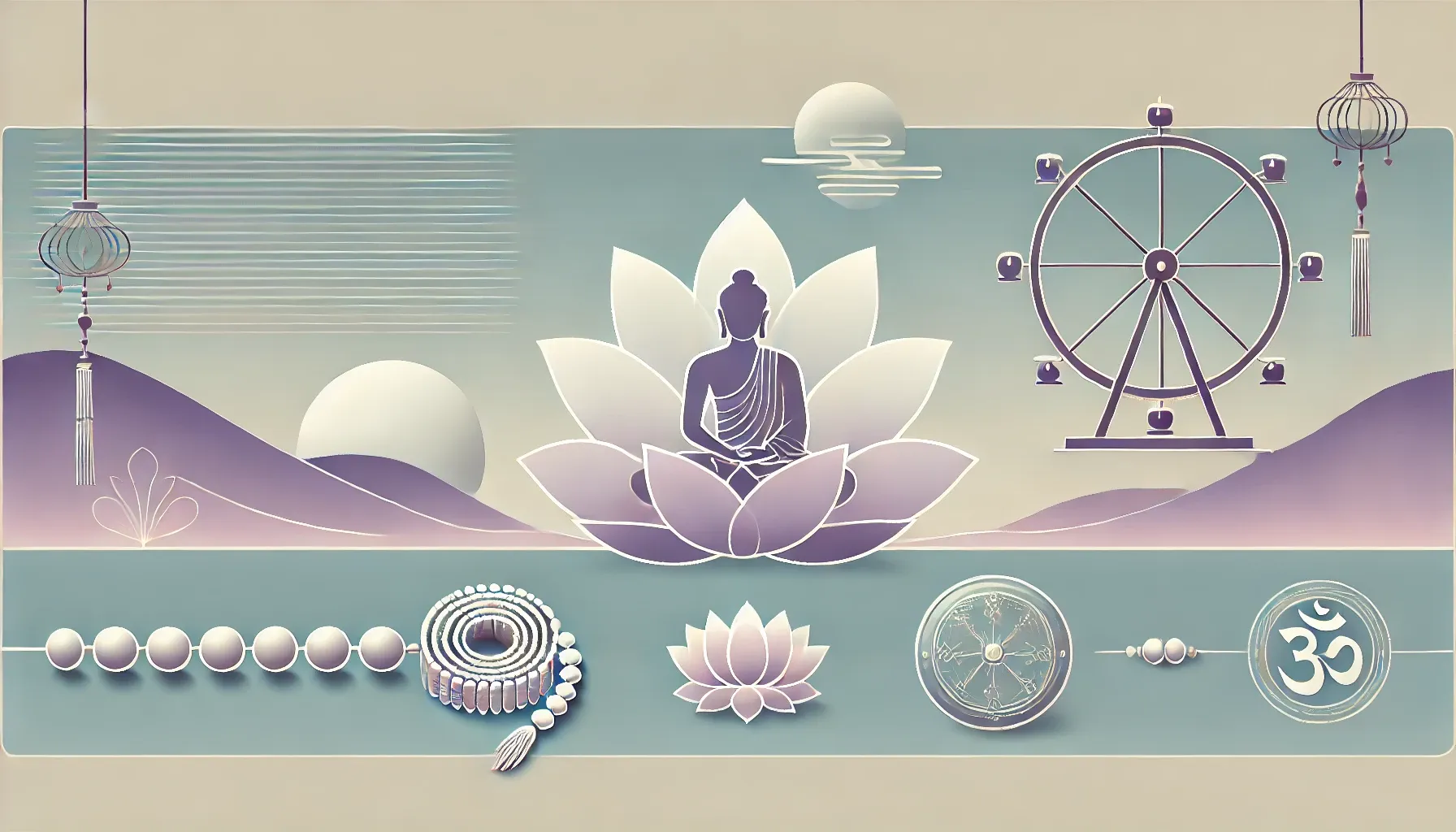 key Buddhist concepts, featuring a lotus flower, Dharma wheel, meditation beads, and Buddha silhouette.