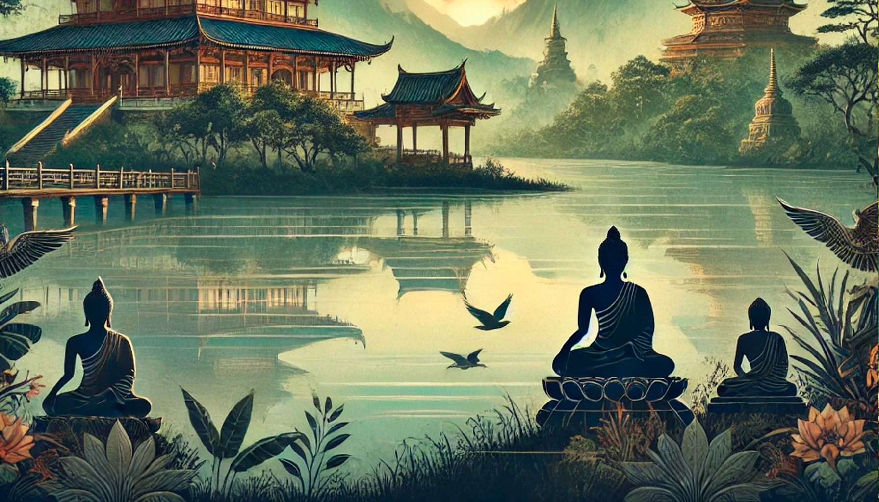 A tranquil Buddhist landscape with a traditional temple surrounded by lush nature